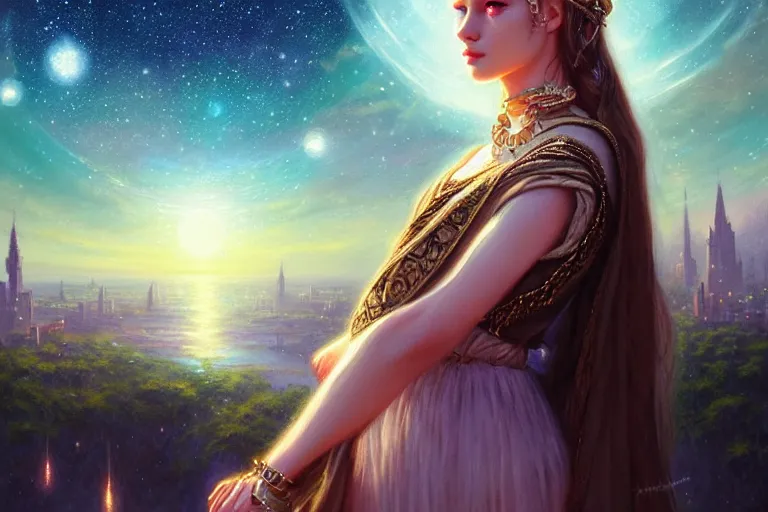 Prompt: masterpiece portrait charming and miracle female luxury astromancer boho accessories in dreamlike movie, high detailed face, art by artgerm, greg rutkowski, sasoura, satchely, big major starry sky and city in background, uhd, medium long shot, fantasy, no distorsion, sharp focus,