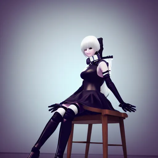 Image similar to a girl inspired from 2b from nier automata, sitting on a chair, 4k ultra realistic, trending on artstation concept, professional art