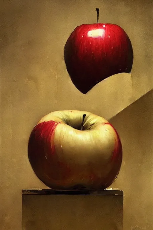 Prompt: A giant apple floating in an abandoned room, detailed art by Phil Hale