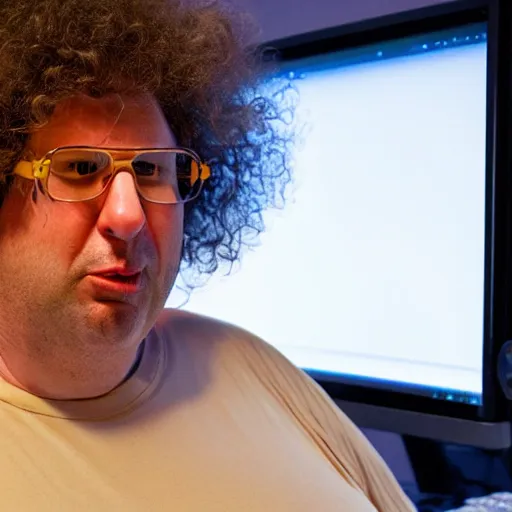 Image similar to obese Howard Stern wearing a headset yelling at his monitor while playing WoW highly detailed wide angle lens 10:9 aspect ration award winning photography by David Lynch esoteric erasure head