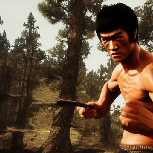 Prompt: Film still of Bruce Lee, from Red Dead Redemption (2018 video game)