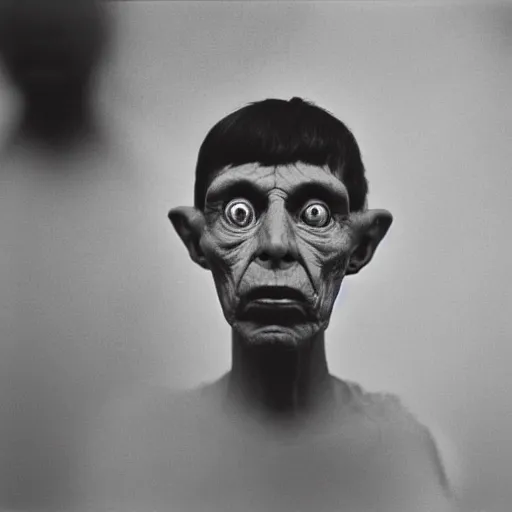 Image similar to portrait of alien beings, 85mm, by Diane Arbus, black and white, bokeh, lomography