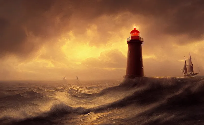 Image similar to painting of a lighthouse at sunset with a sailing ship in a storm, natural light, concept art, by greg rutkowski, cozy atmospheric and cinematic lighting