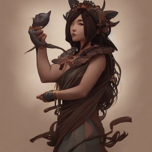 Image similar to japanese boar goddess, d & d, grey and brown color palette, highly detailed, digital painting, artstation, concept art, sharp focus, illustration, cinematic lighting, art by artgerm and greg rutkowski and alphonse mucha