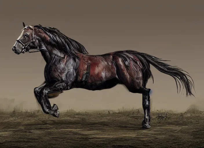 Prompt: concept art of algie infected stallion, carrying a saddle bag, digital art, photo realistic, highly detailed