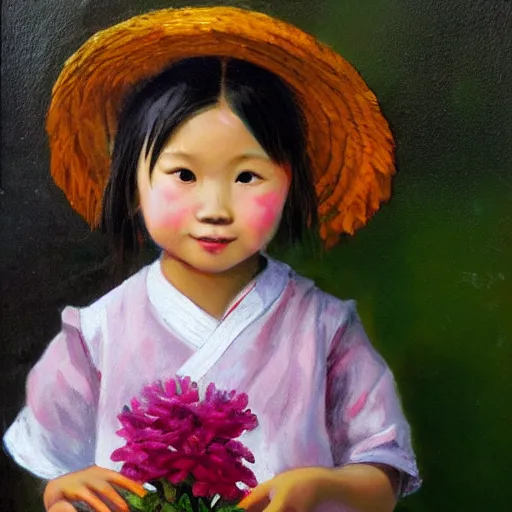 Prompt: Asian little girl holding flowers, bust, oil painting