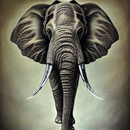 Image similar to detailed and sharp elephant artwork, mystic style, detailed, 8 k, detailed, symmetrical, by brian froud