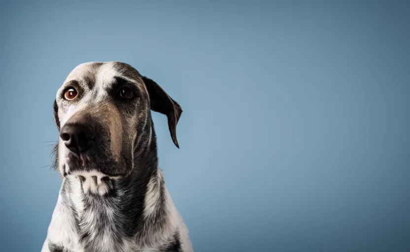 Image similar to portrait of a dog on blue background, rim light, beautiful lighting, 8 k