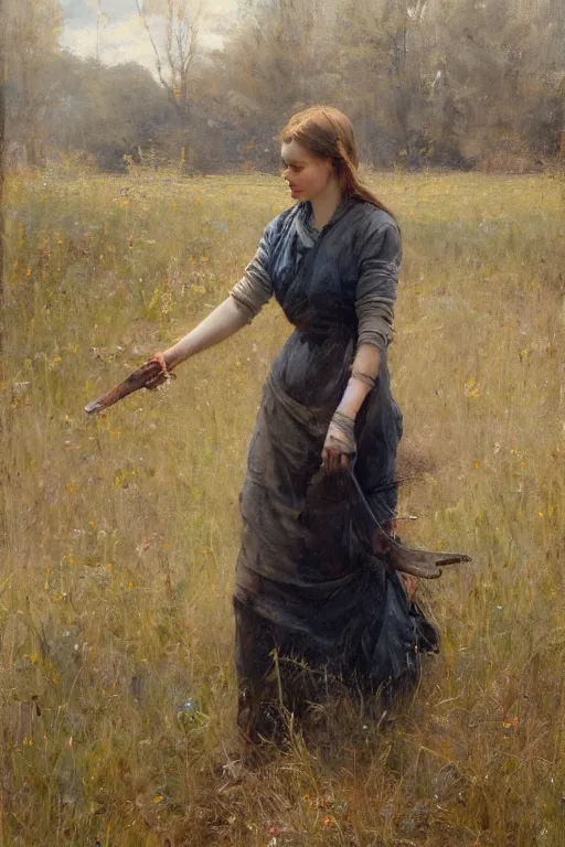 Image similar to Solomon Joseph Solomon and Richard Schmid and Jeremy Lipking painting full length portrait painting of a young woman going to work in the field