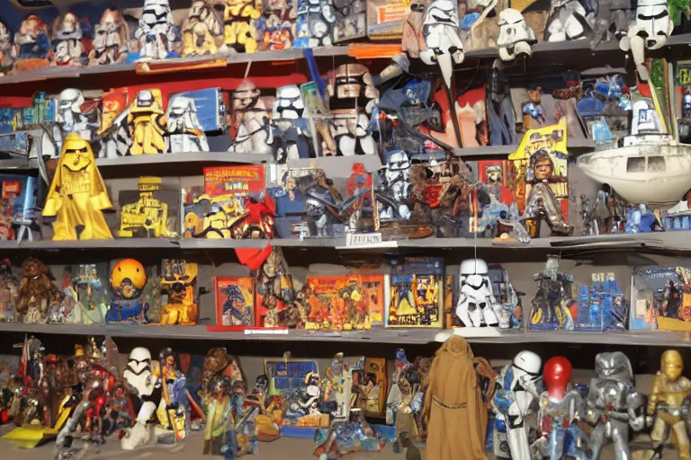 Prompt: autochrome photo of vintage star wars toy aisle, detailed, realistic, toy store