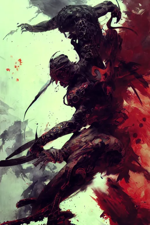 Prompt: a demonic ninja warrior, painting by geg ruthowski, alphonse murac, craig mullins, ruan jia, wlop, yoji shinkawa, collaborative artwork, exquisitely high quality and detailed