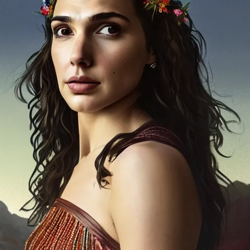 Prompt: Portrait of the beautiful woman Gal Gadot, she is posing, she has a crown of flowers, she is sitting on a rock in an ancient forest, there is fog, she is getting ulluminated by the rays of the sunset, the photo was taking by Steve McCurry, matte painting, oil painting, naturalism, 4k, 8k