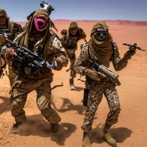 Image similar to kermit, fozzy, gonzo, beeker and other muppets in special forces clothing, fighting in the desert. epic action movie production photograph.