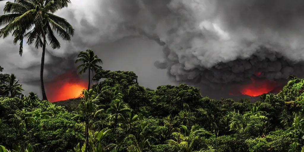 Image similar to atomic blast over a Hawaiian villa in the middle of an tropical forest, ominous Sky, gloomy atmosphere, cinematic, mist, High definition, 8k, ultra detailed