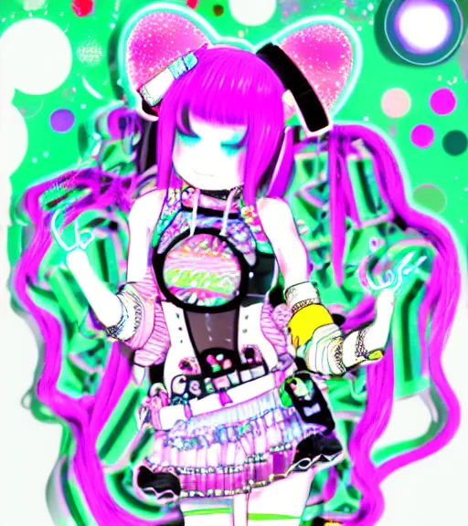 Image similar to cybergoth decora glitchcore yokai girl, sanrio tamagotchi moe ornaments, pastel cute cinematography