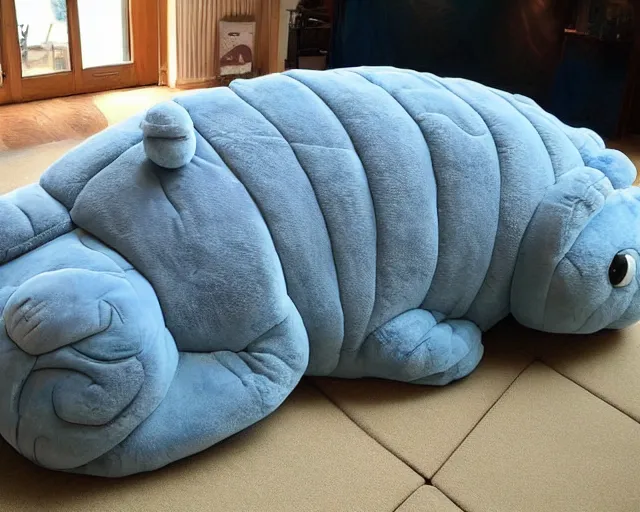 Prompt: bed in the shape of a tardigrade. sleeping on a giant tardigrade plush doll. quilted plush, soft, downy, comfortable. multiple limbs, panarthropoda, water bear!