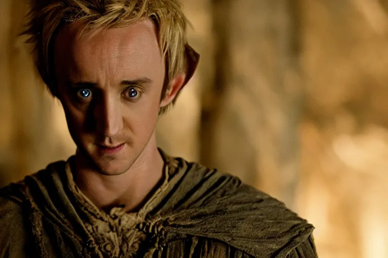 Image similar to tom felton plays an elf in the lord of the rings return of the king, highly detailed, cinematic lighting, 4 k, arricam studio 3 5 mm film camera, kodak 5 2 7 9 ( tungsten - balanced ) film stock