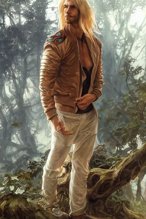 Image similar to portrait of a blonde herculian man in a bomber - jacket, flowing hair, forest, full body, muscular, fantasy, intricate, elegant, highly detailed, digital painting, artstation, concept art, sharp focus, illustration, art by artgerm and greg rutkowski and alphonse mucha