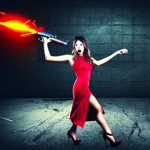 Prompt: action photography, perfect gorgeous beautiful young woman in a sexy dress and high heels firing a machine gun at scary zombies, muzzle flash, intense lighting, intense shadows, diffusion mapping, 8 k,