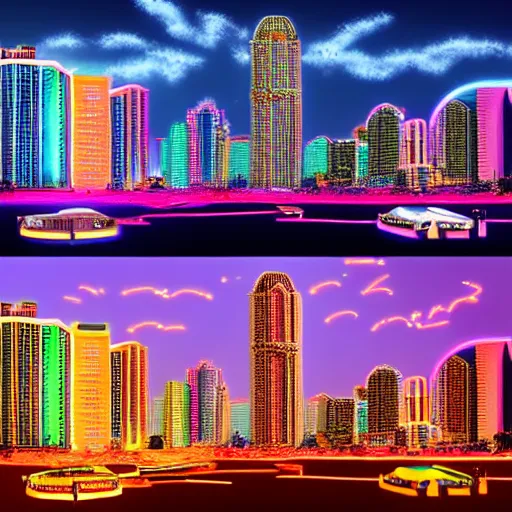Image similar to miami as atlantis, castles, neon signs, realistic