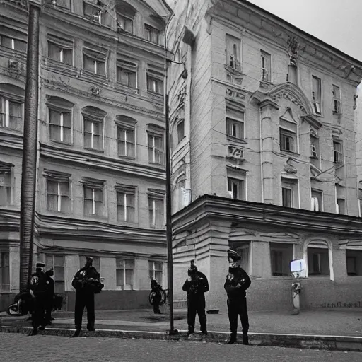 Image similar to The body art depicts a police station in the Lithuanian city of Vilnius. In the foreground, a group of policemen are standing in front of the building, while in the background a busy street can be seen. solarised by Zdzislaw Beksinski, by Fang Lijun