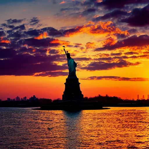Prompt: Golden Statue of Liberty, sunset, golden hour