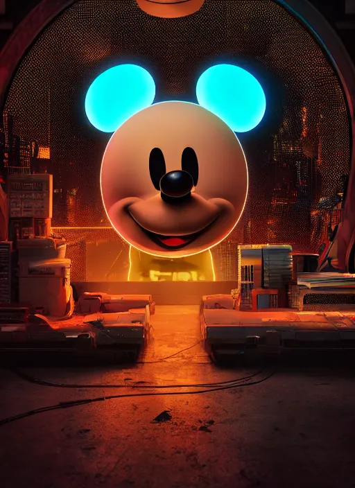 Image similar to giant destroyed head of cyberpunk mickey mouse, inside of netflix office, by beeple, dystopia, golden ratio, octane render, unreal engine 5, trending on artstation, 8 k