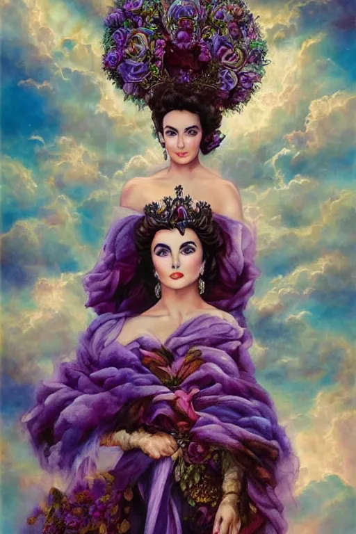 Image similar to center portrait fine art photo of the beauty elizabeth taylor, dramatic pose she has a crown of stunning flowers and dress of purple satin and gemstones, symmetrical realistic eyes, background full of stormy clouds, by peter mohrbacher