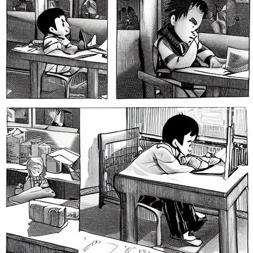 Image similar to mexican kid sitting at his desk asleep, hirohiko araki style, manga