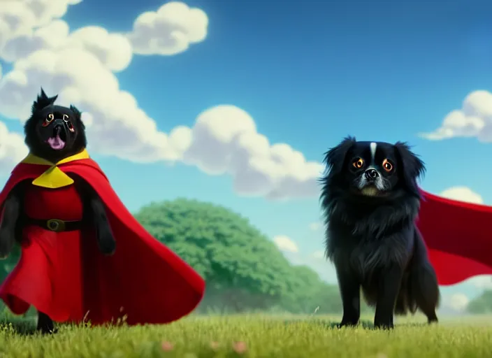 Image similar to a wholesome animation key shot of a black tibetan spaniel, wearing a red cape, flying, studio ghibli, pixar and disney animation, sharp, rendered in unreal engine 5, anime key art by greg rutkowski, bloom, dramatic lighting