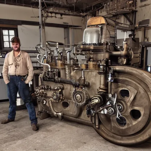 Prompt: steampunk industrialist working on a motor and feeling eureka