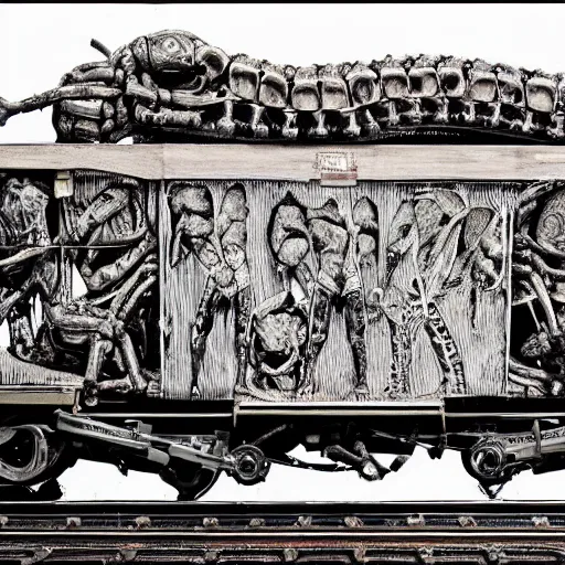 Image similar to boxcar made of human meat and bone, biomechanical railroad, highly detailed, War Photography, Pushead art, by H.R. Giger