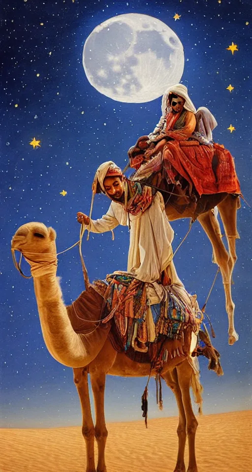 Image similar to an arabian merchant rides her camel in the desert at night, soft glow from a lantern, moon and stars in night sky, stunning, detailed oil paint