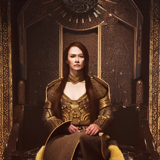 Image similar to the elder scrolls vi, charismatic regal brunette female jarl, portrait, throne room, atmospheric lighting, painted, intricate, volumetric lighting, beautiful, daytime, sunny weather, slight overcast, sharp focus, deep colours, ultra detailed, by leesha hannigan, ross tran, thierry doizon, kai carpenter, ignacio fernandez rios