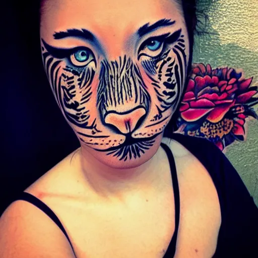 Image similar to tattoo design of a beautiful girl face, above the girls head there is a tiger, hyper detailed, in the design of eliot kohek