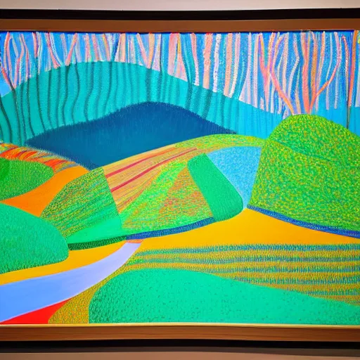 Prompt: a wild modernist landscape painting filled with energy patterns rippling in all directions, mountains, rushing water, saturated colors. David Hockney.