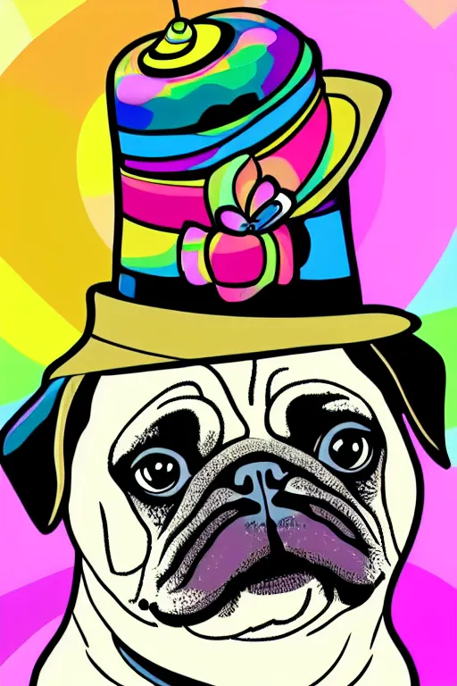 Image similar to A portrait of a pug wearing a top hat, sticker, colorful, illustration, highly detailed, smooth and clean vector curves, no jagged lines, vector art, smooth