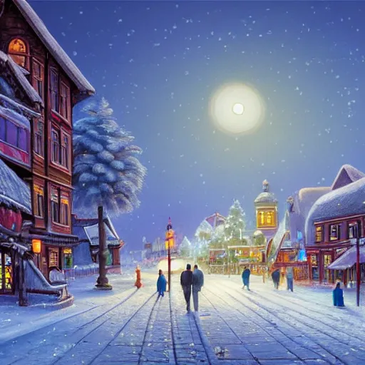 Image similar to winter town centre inspired by Evgeny Lushpin, Peter Zumthor,bus,people walking winter sunset,full moon,p