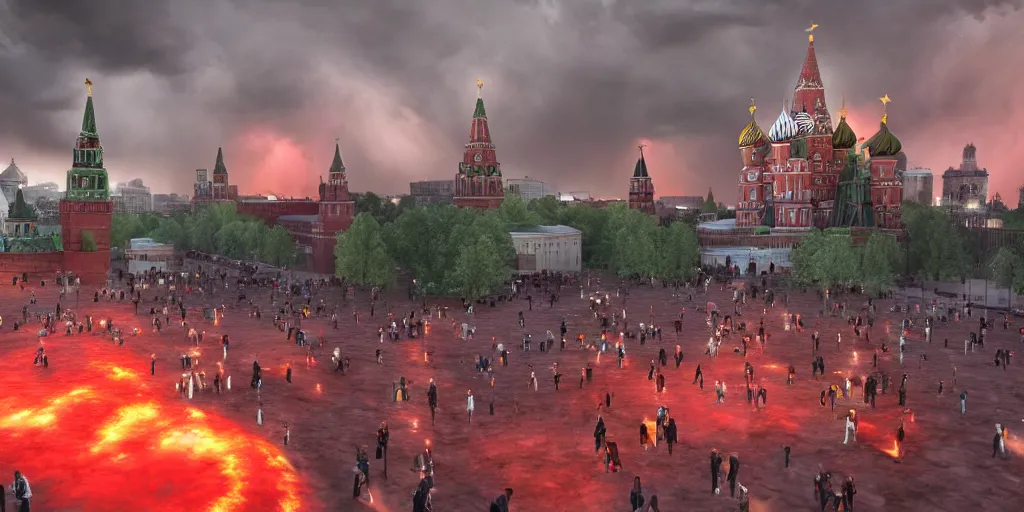 Prompt: a fiery thunderstorm with a tornado over red Square in Moscow, lot of people running and crying, photorealistic, 4k, unreal engine 5, trending on artstation, artstationHD