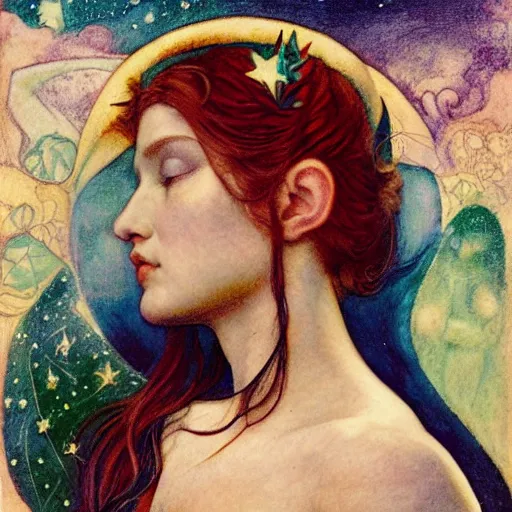 Prompt: queen of the moon with stars in her hair, by annie swynnerton and tino rodriguez and nicholas roerich and lucien freud and jean delville and charlie bowater, dramatic lighting, floral tattoos, rich colors, smooth sharp focus, extremely detailed, adolf wolfli