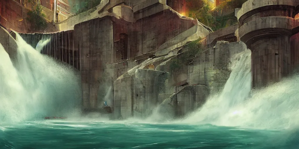 Prompt: dam breach, powerful water flowing, utopian happy atmosphere, incredible masterpiece of digital art, concept art illustration, award - winning, retro futurism