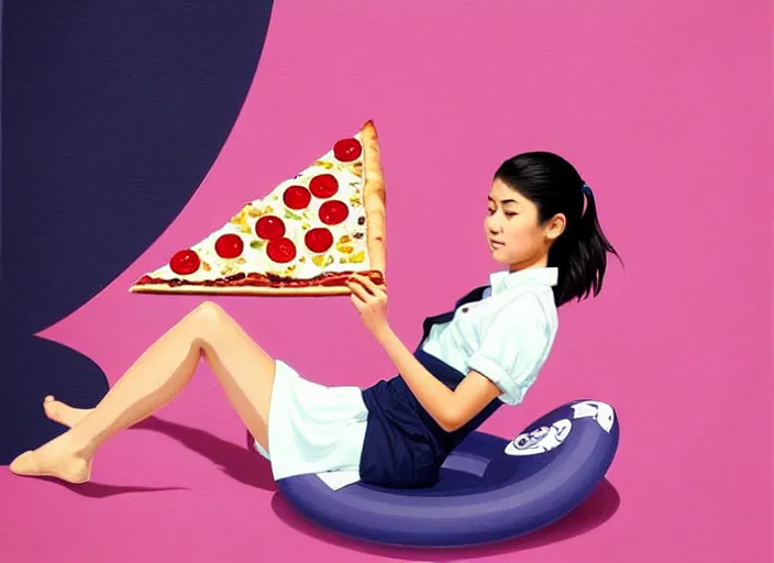 Image similar to portrait of a Mexican Asian mix young woman school with short hair wearing a navy and white sepuku uniform and eating a pizza on a pink floatie in Kalakaua avenue in Waikiki beach, intricate, elegant, highly detailed, centered, digital painting, artstation, concept art, smooth, sharp focus, illustration, by Peter Mohrbacher, WLOP