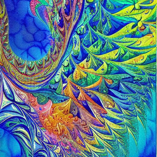 Image similar to watercolour colourful newton fractal depicted as a mythic animal by archibald thorburn, under the sea, fantasy