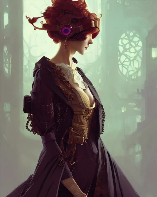 Prompt: a mysterious beautiful woman, aristocrat cloak, steam punk, detailed mechanical parts, fantasy, androgynous, digital painting by ilya kuvshinov, greg rutkowski, wlop, james jean, victo ngai, beautifully lit, muted colors, highly detailed, dynamic pose, artstation, fantasy art, intricate background by craig mullins and thomas kinkade