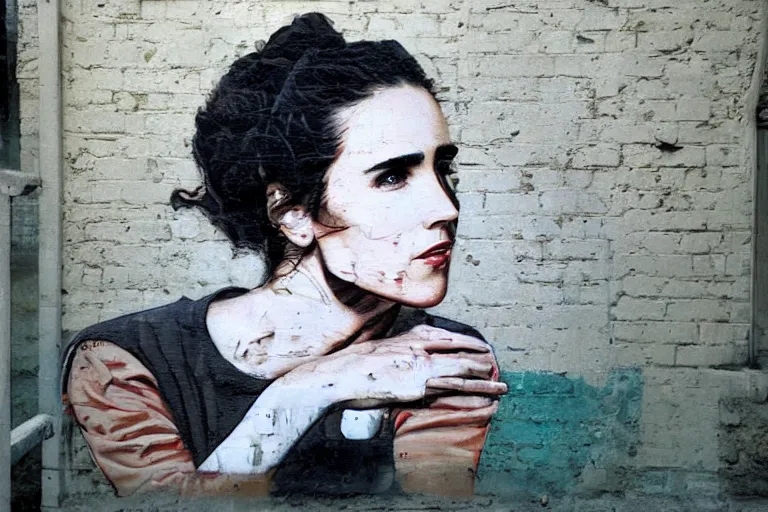 Prompt: Street-art portrait of Jennifer Connelly (1990), in style of Seaty