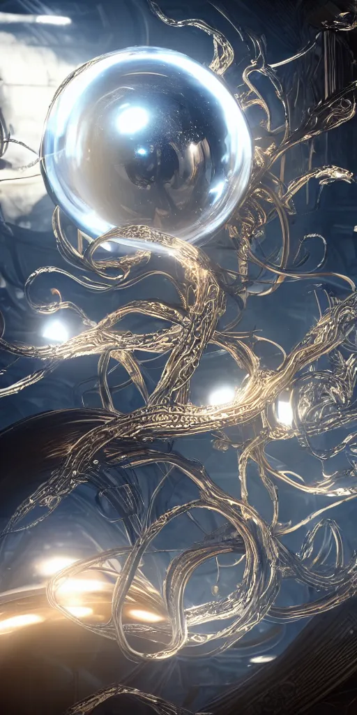 Image similar to swirling abstract cyborg parts and bio - mechanical tendrils and ornate flowing smoke streams and liquid light streaks surround a small metallic sphere, cinematic, unreal engine