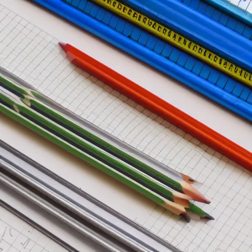 Prompt: schematic drawing of futuristic building with pencils and triangle ruler lying next to the drawing