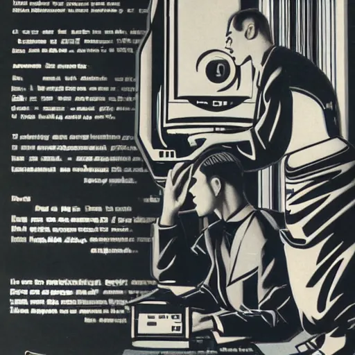 Prompt: a tech team pondering obsolescence in the face of singularity in the style of 1 9 5 0 s art deco advertising