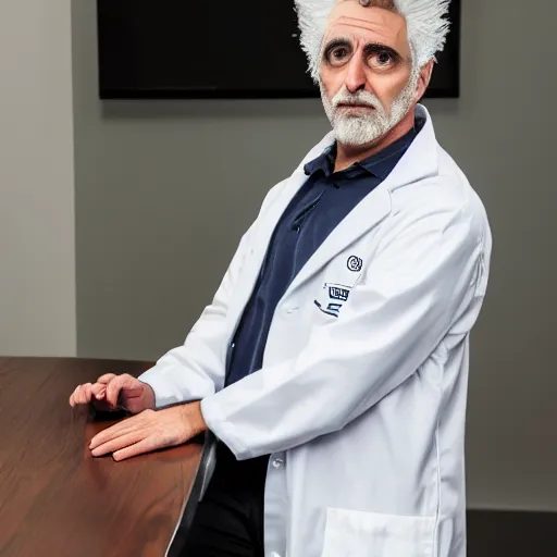 Image similar to portrait photo still of real life rick sanchez wearing a labcoat 8 k, 8 5 mm f 1. 8