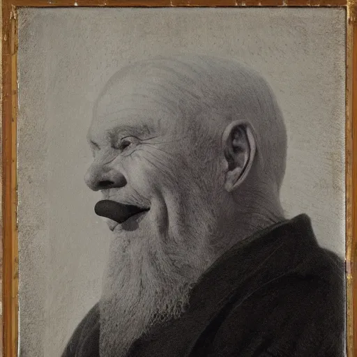 Image similar to a portrait photo of a old man with a pickle nose